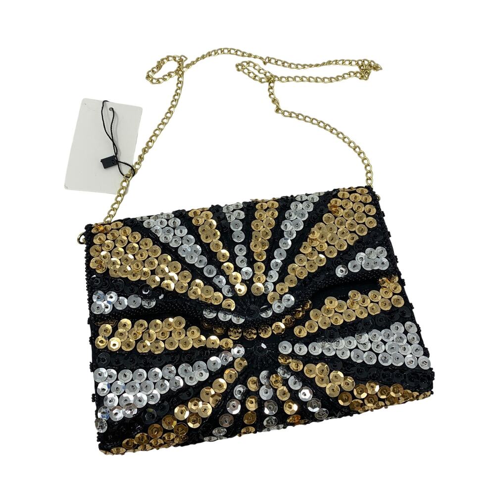 Vintage Regale LTD Black Gold Silver Sequin Beaded Evening Clutch Chain Purse